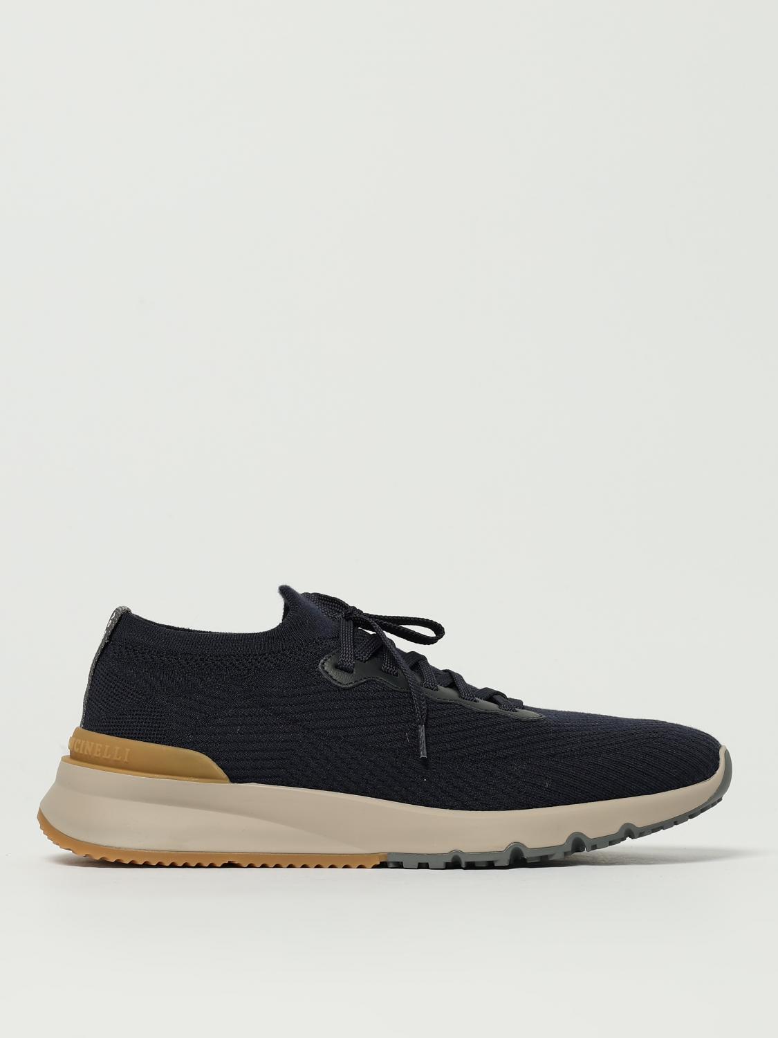 Brunello Cucinelli Leather-trimmed Stretch-knit Sneakers In Blue