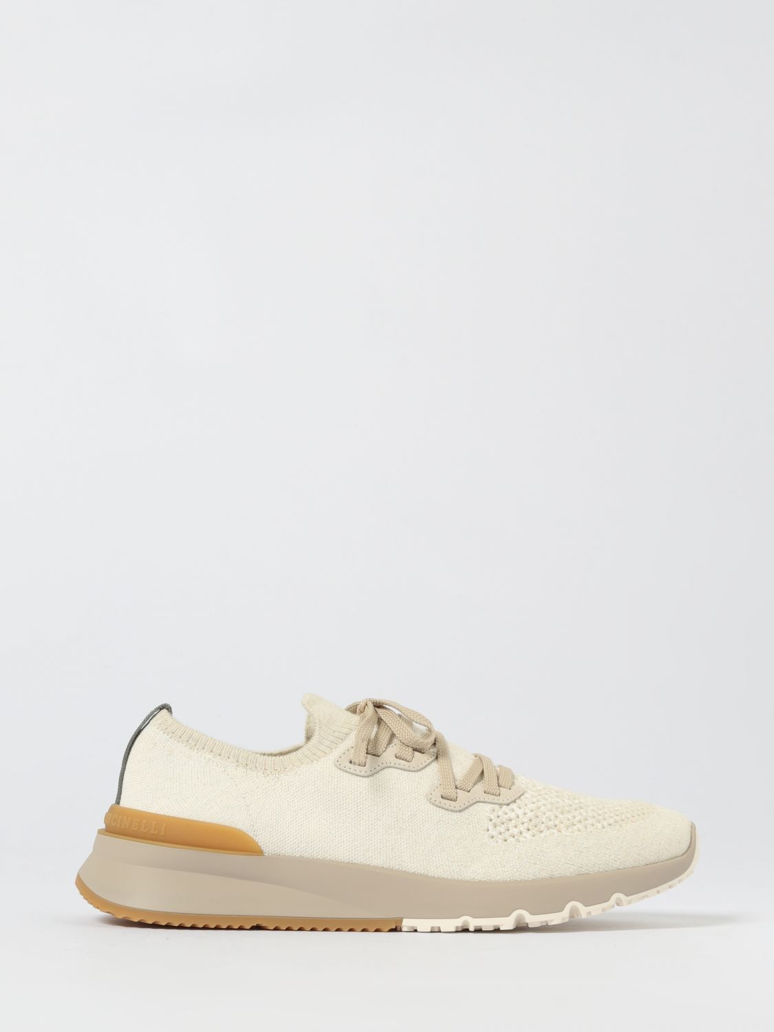 Brunello Cucinelli Cotton Sneakers In Ivory With Front Lace-up Fastening In Yellow