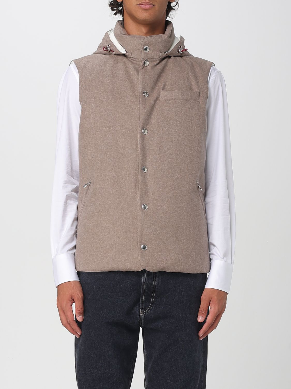Brunello Cucinelli Clay Wool Padded Hooded Vest In Gray