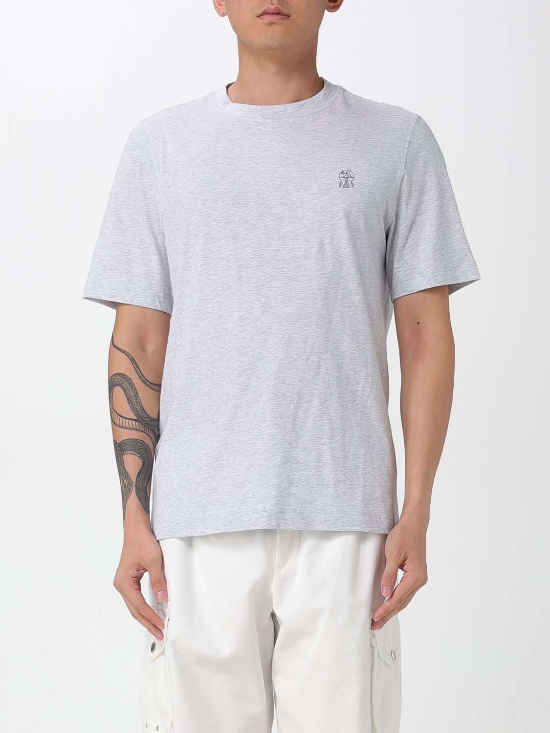 Brunello Cucinelli Men Cotton Jersey Crew-neck T-shirt With Logo And Faux-layering In Blue