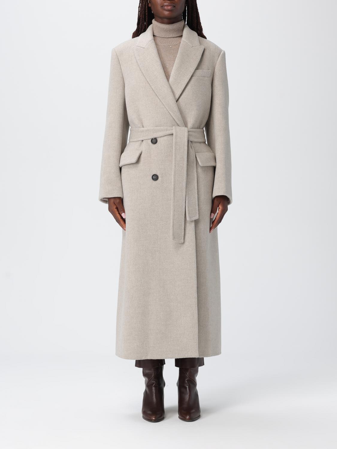 Brunello Cucinelli Women Double-breasted Coat In Virgin Wool And Cashmere Cloth With Jewellery In Gray