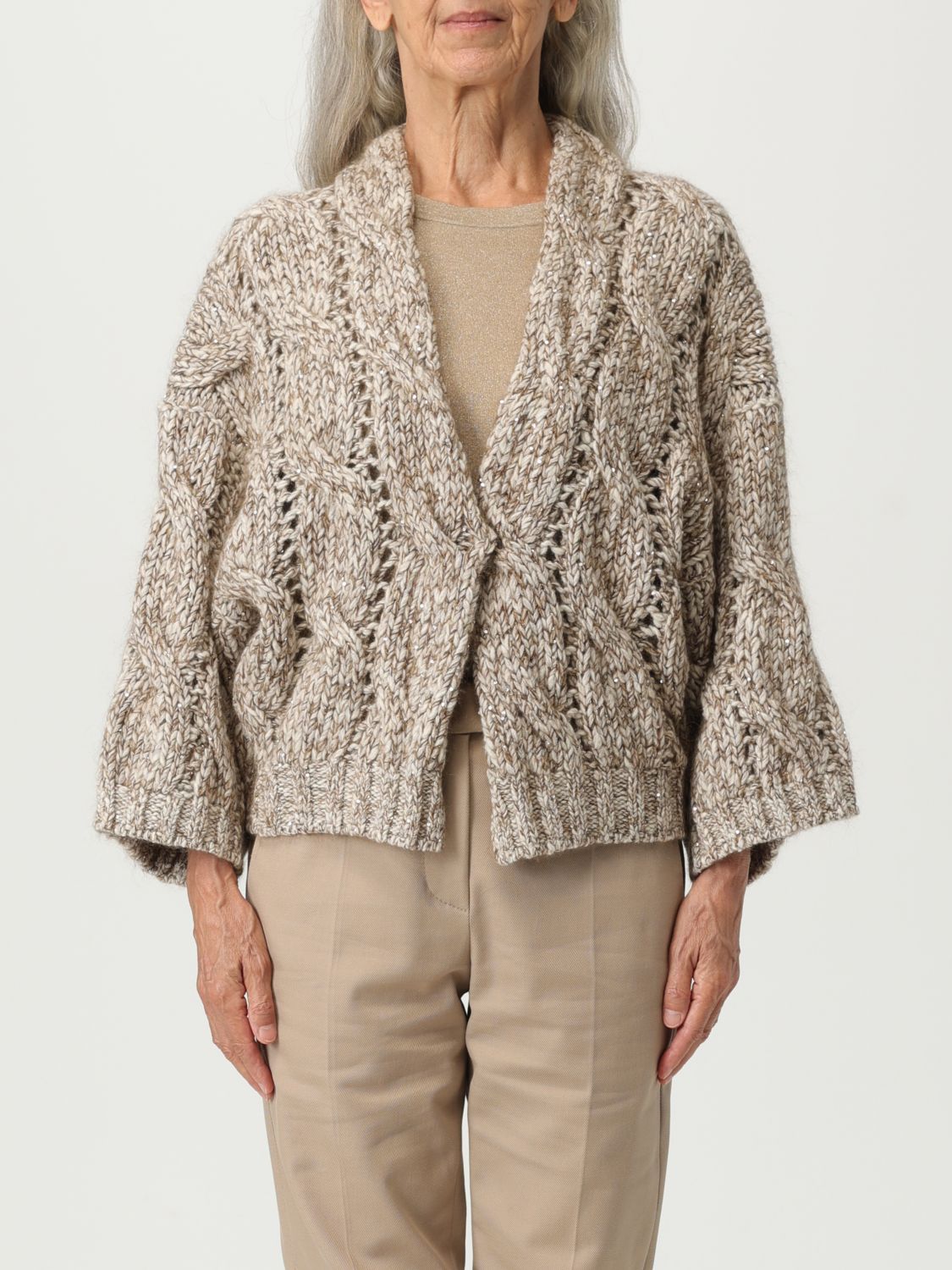 Brunello Cucinelli Beige Melange Cable Knit Cardigan In Neutral