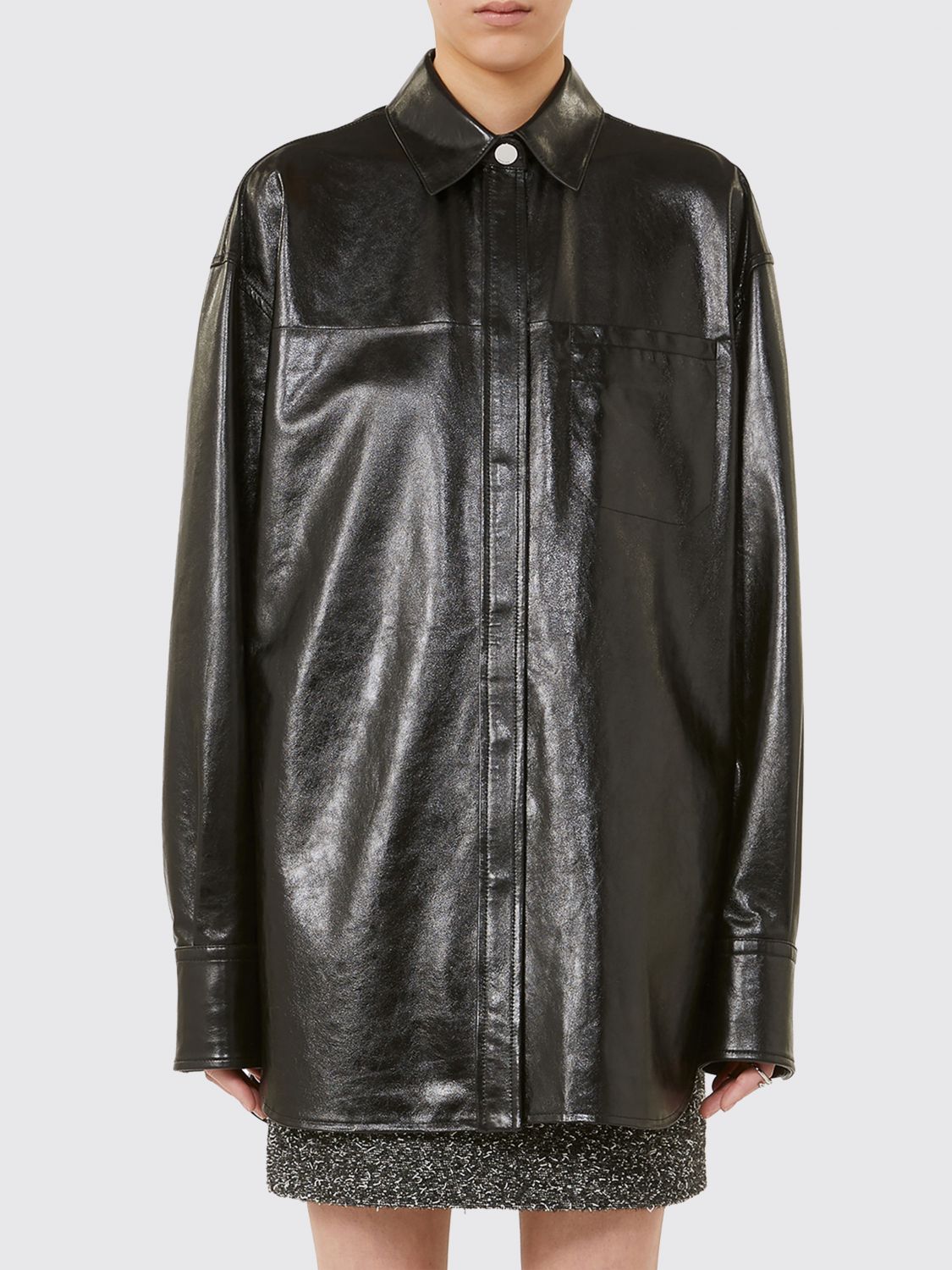 Sportmax Oversized Leather Jacket And Pocket In Black
