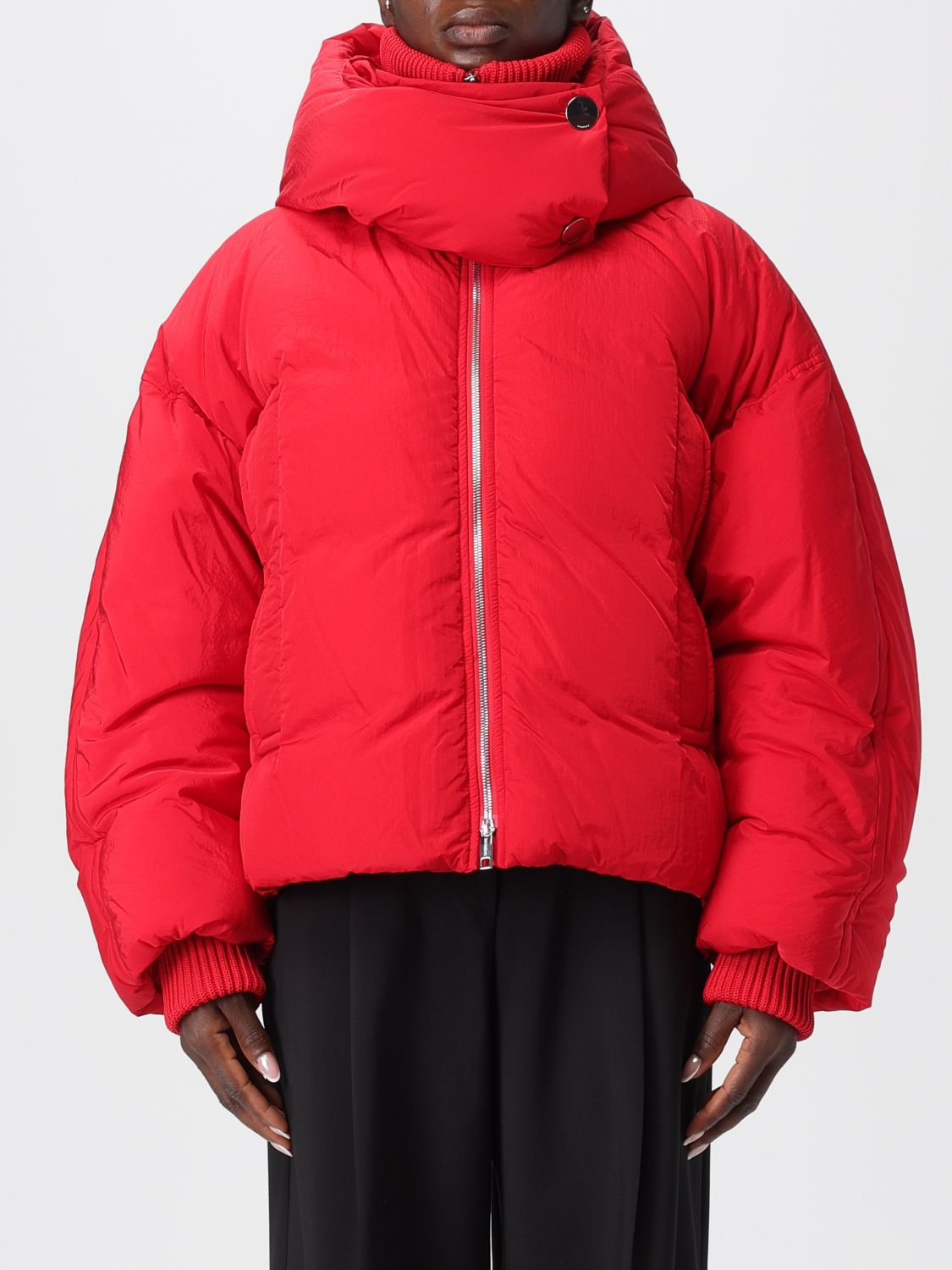 Sportmax Water-repellent Crinkled Red Puffer Jacket With Detachable Hood In Red