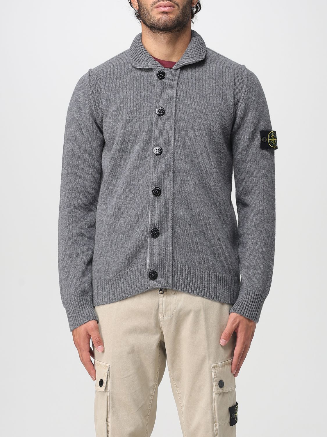 Stone Island Knit Button-up Jumper In Lamb Wool And Nylon Blend In Gray