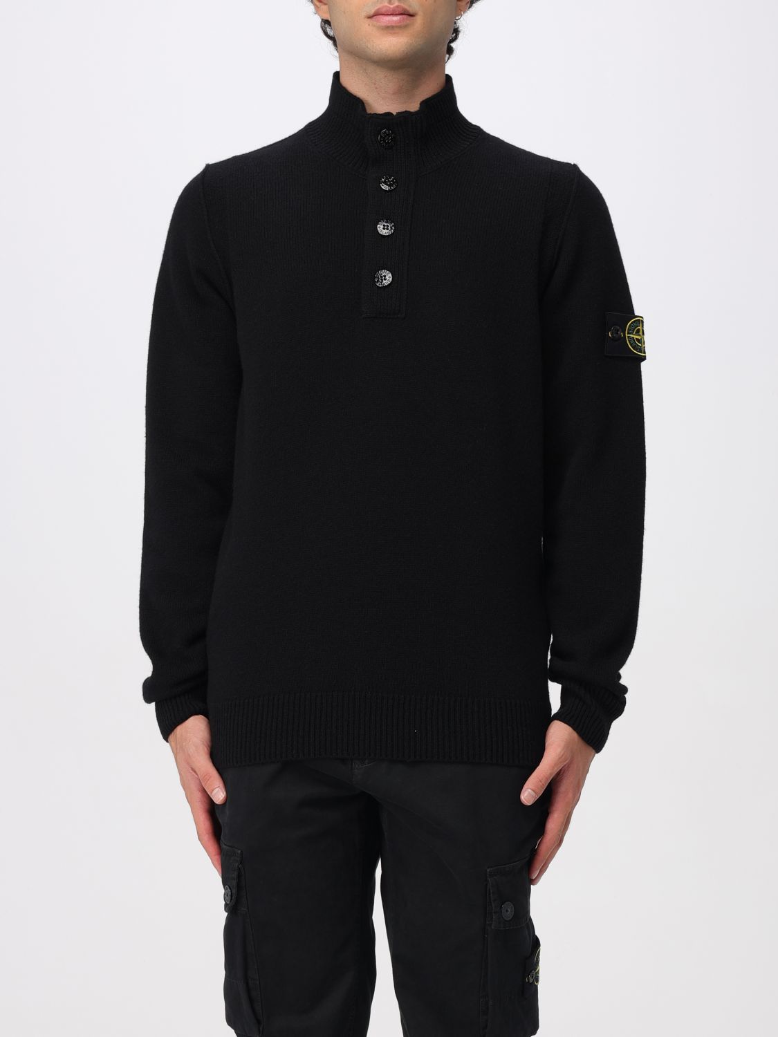 Stone Island High Collar Pullover With Buttoned Placket And Logo Patch In Black