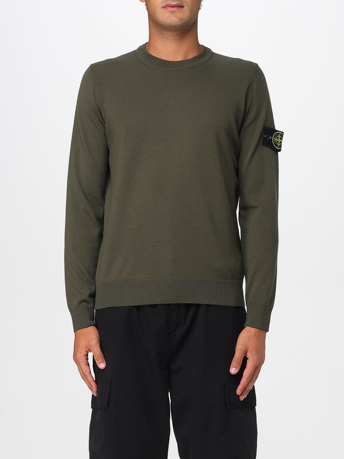 Stone Island Fitted Crew Neck Sweater With Distinctive Logo Patch In Green