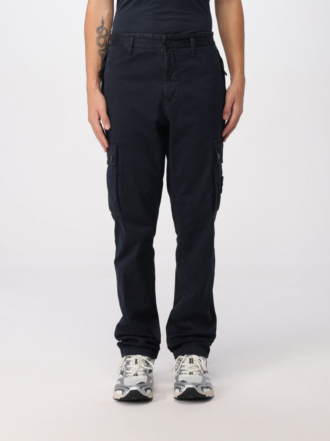 Stone Island Blue Pants With Cargo Pockets And Applied Compass Logo In Cotton Man In Blue