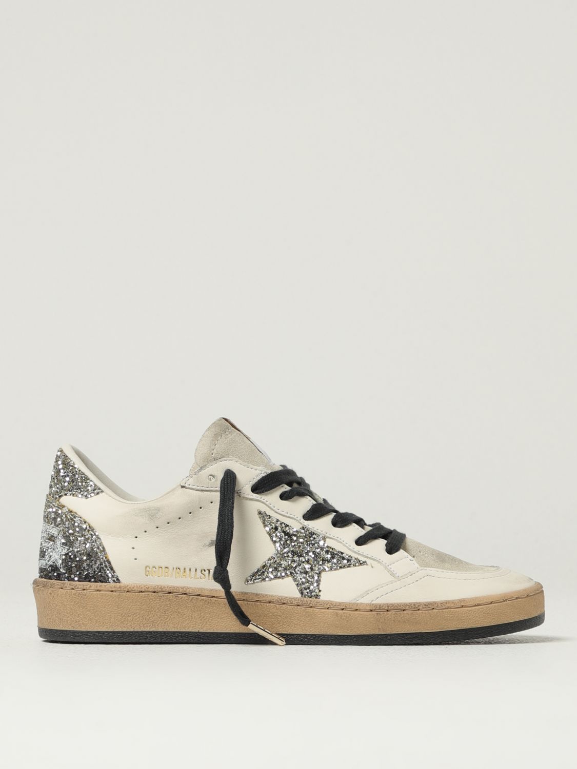 Golden Goose Ballstar White Low Top Sneakers With Glittered Star Patch On The Side And Glittered Heel With Logo L In White
