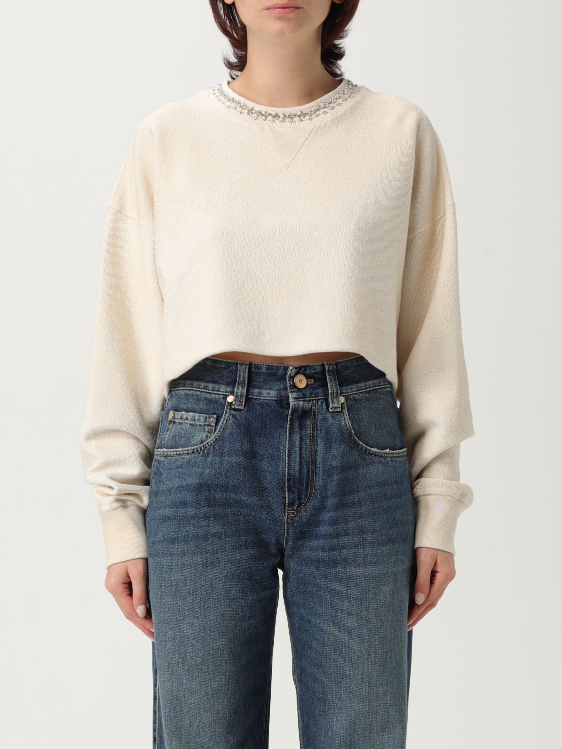 Golden Goose "journey W`s" Cropped Crew Neck Sweatshirt Overprinted Cotton Fleece Vintage Treatment In White