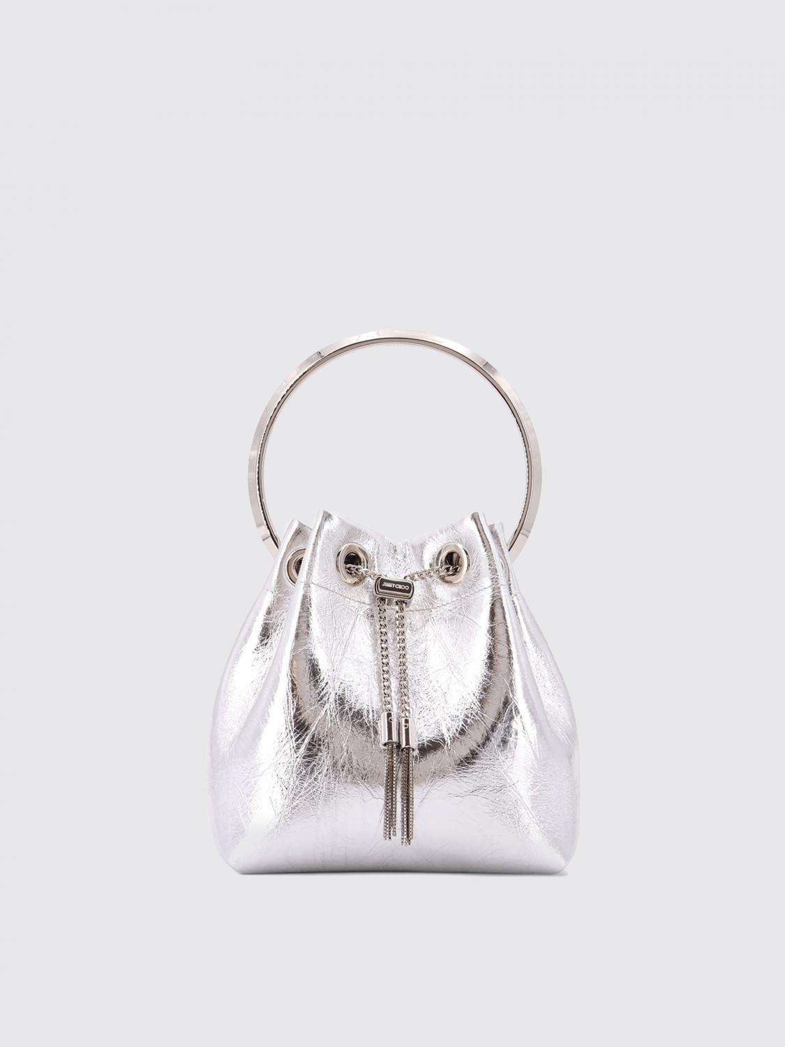 Jimmy Choo Bon Bon Metallic Handbag With Metal Bracelet Handle And Chain-link Shoulder Strap In Leather Woman In Silver