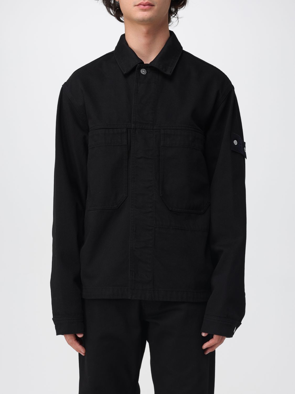 Stone Island Collared Denim Jacket Featuring Front Pockets In Black