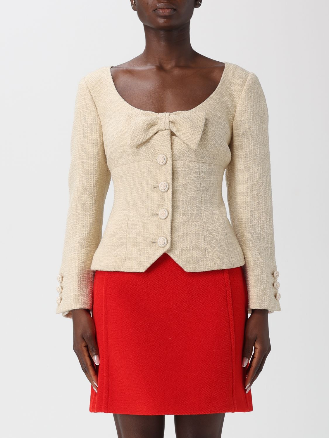 Valentino Wool Crepe Jacket With Applied Bow In Neutral