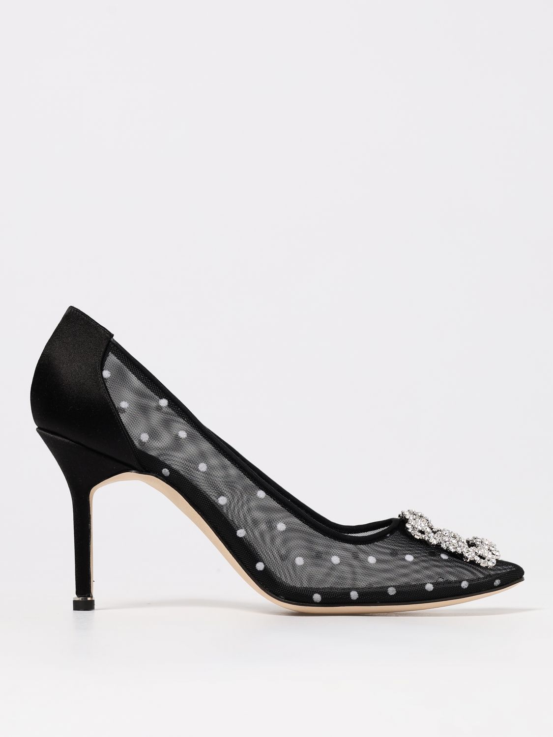 Manolo Blahnik Hangisi 90 Satin-trimmed Crystal-embellished Flocked Mesh Pumps In Black