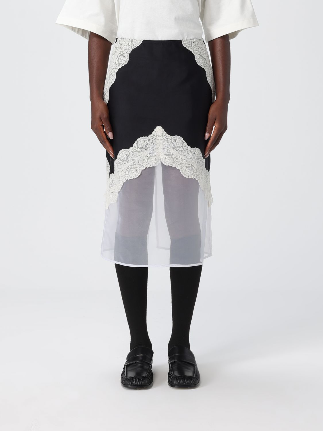 Jil Sander Asymmetric Lace Wool Skirt With Sheer Overlay In Black