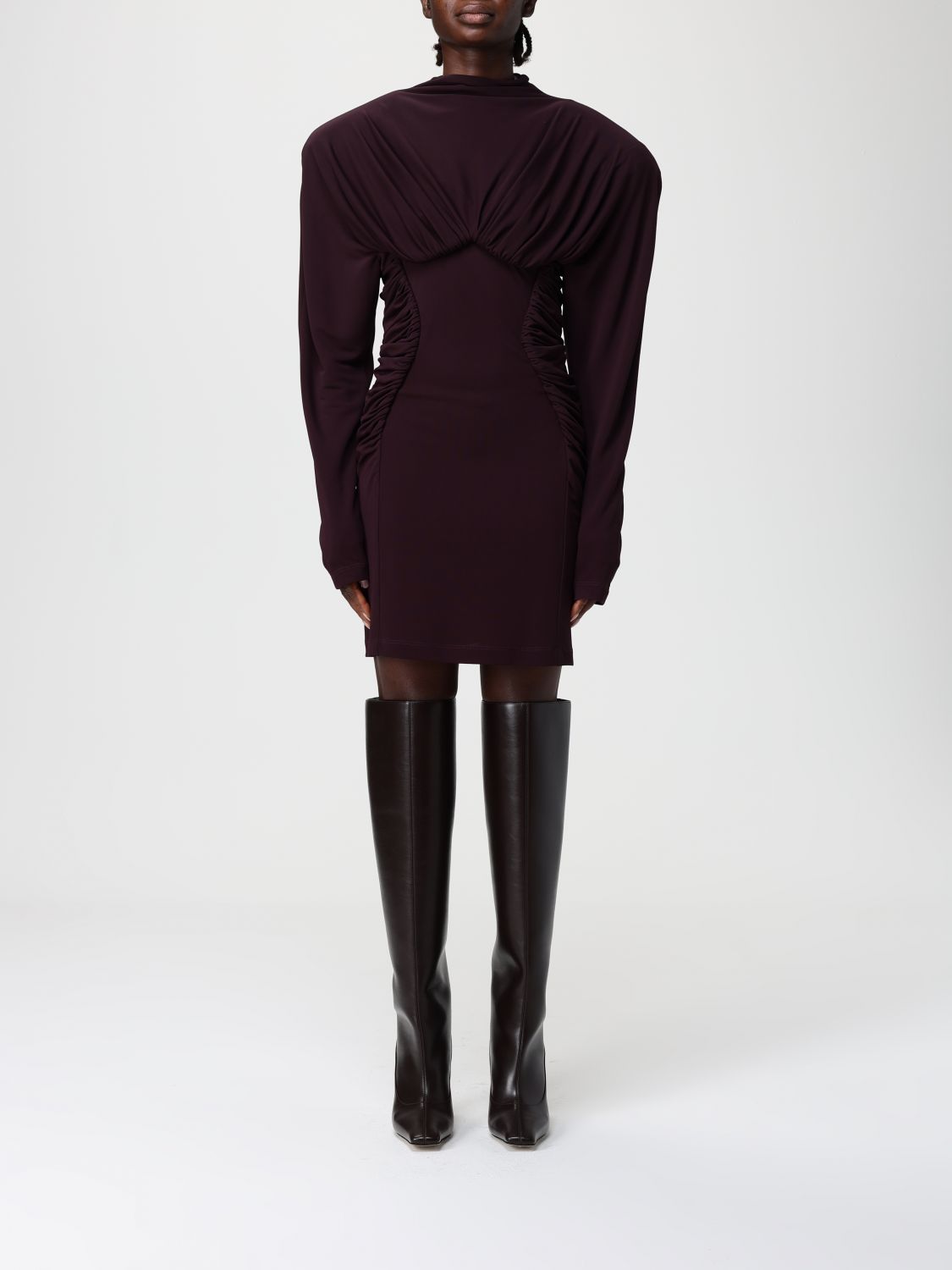 Stella Mccartney Pleated High-neck Long-sleeve Mini Dress In Brown