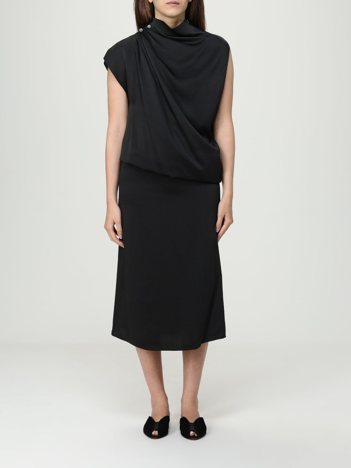 Fabiana Filippi Draped Black Dress With High Neckline And Asymmetrical Design In Black