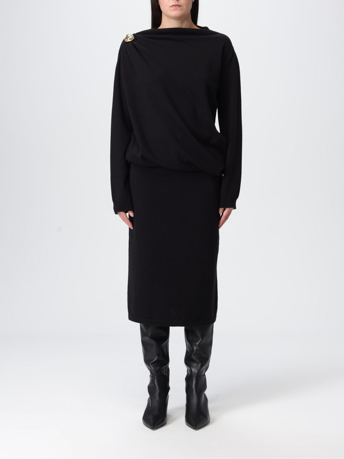 Fabiana Filippi Fitted Midi Dress With Draped Bodice And Gold Detail In Black