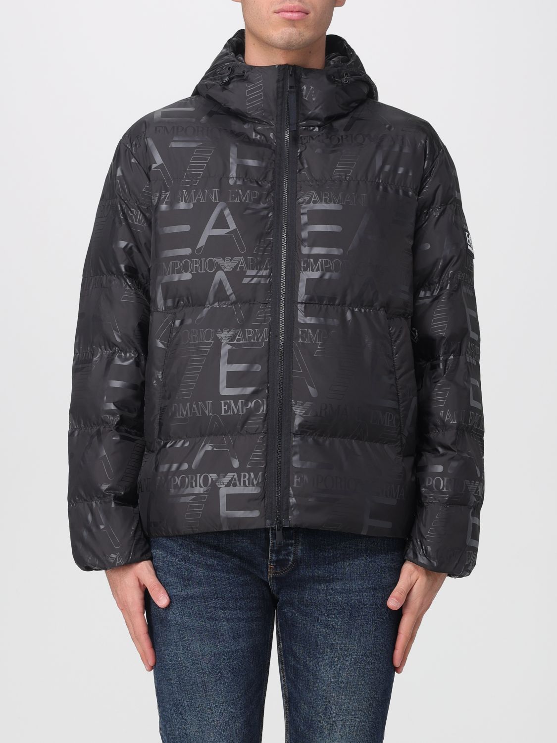 Ea7 Ll-over Logo Print Padded Jacket In Black
