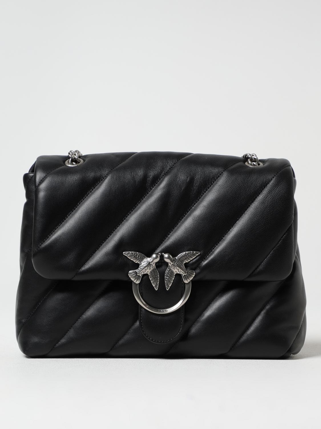 Pinko Quilted Sheepskin Leather Shoulder Bag With Silver Hardware In Black