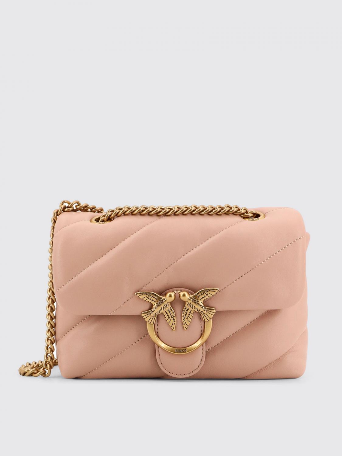 Pinko Quilted Beige Vitello Leather Shoulder Bag In Pink