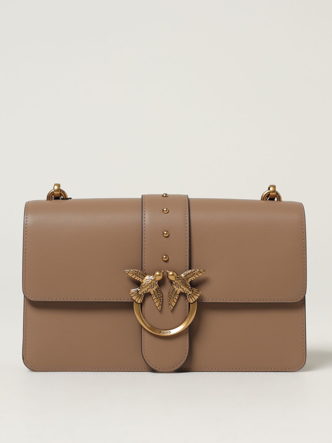 Pinko Beige Leather Shoulder Bag With Logo Buckle In Brown