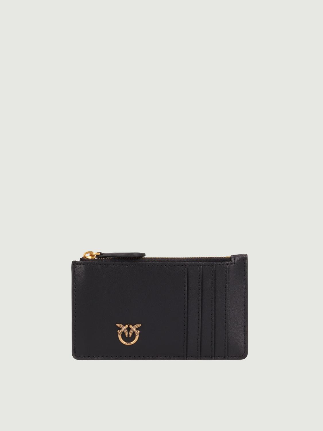 Pinko Rectangular Black Leather Clutch With Gold Emblem In Black