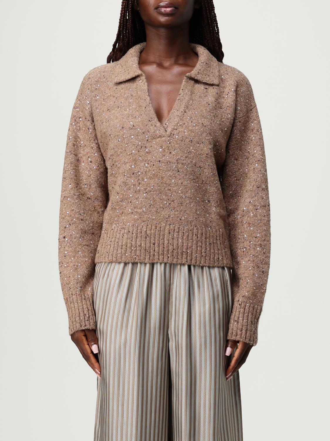 Pinko V-neck Lurex Knit Polo With Long Sleeves In Brown