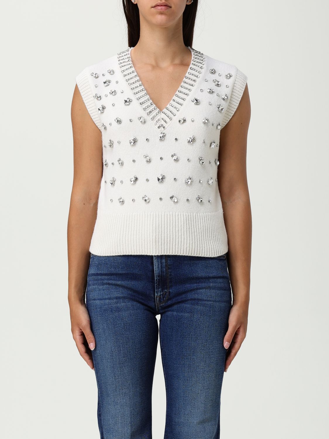 Pinko White Rhinestone Knitted Vest In White