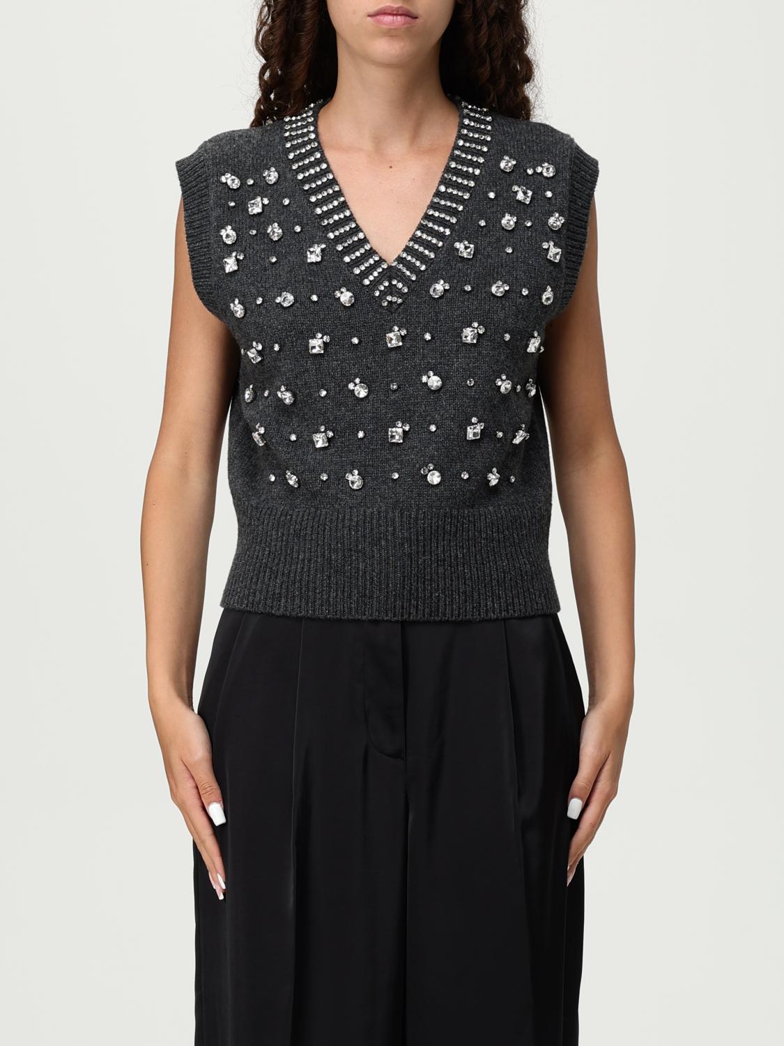 Pinko Sleeveless Knit Vest With Rhinestone Accents In Gray