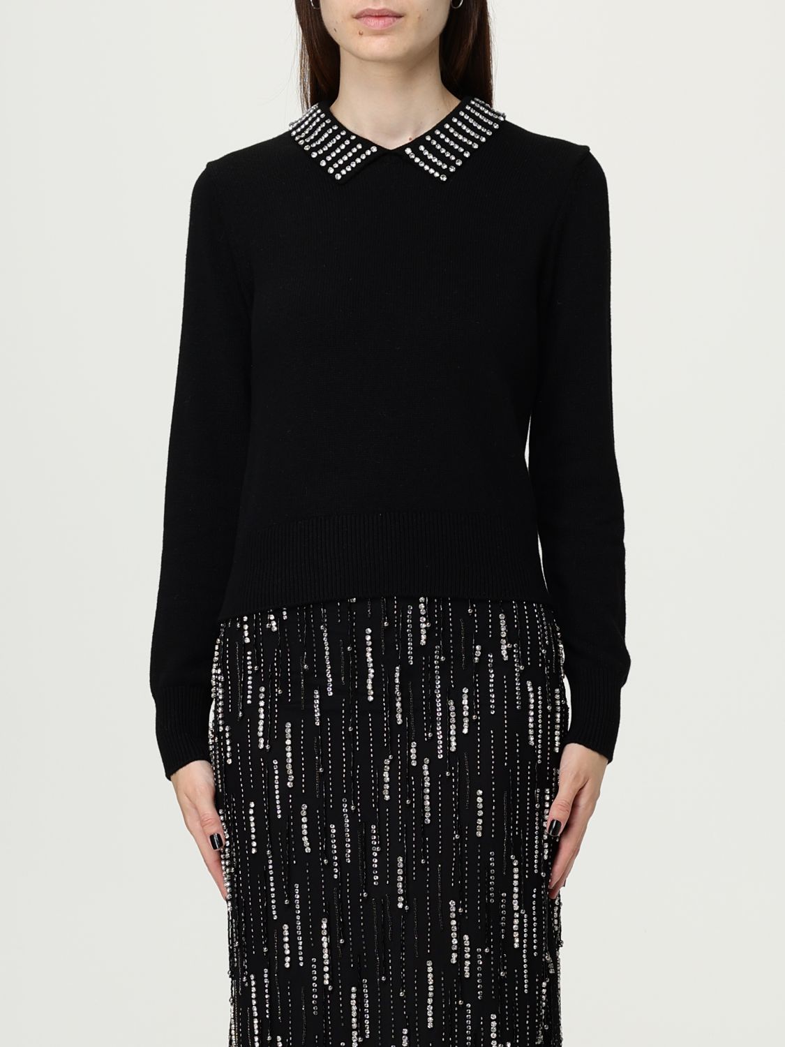 Pinko Classic Black Sweater With Embellished Collar And Ribbed Hem In Black