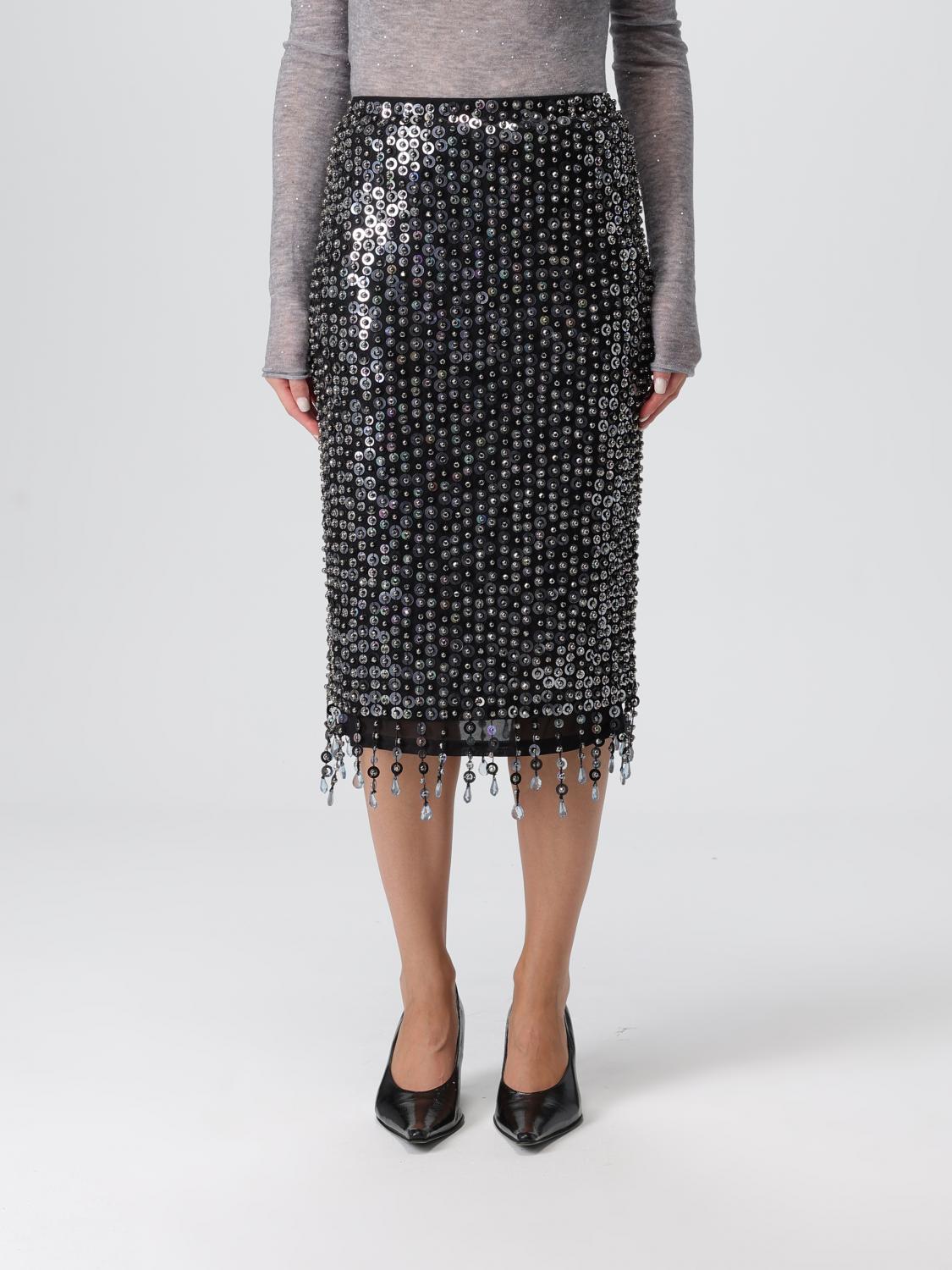 Pinko Fringed Black Sequined Midi Skirt With Removable Underskirt In Gray