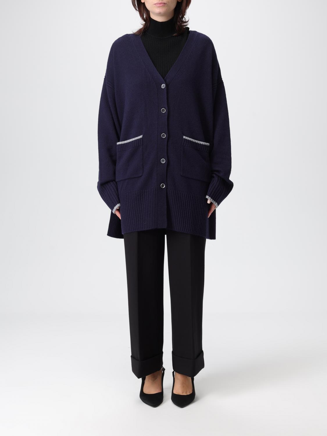 Pinko Long-sleeved Cardigan Sweater With Deep V-neck In Blue