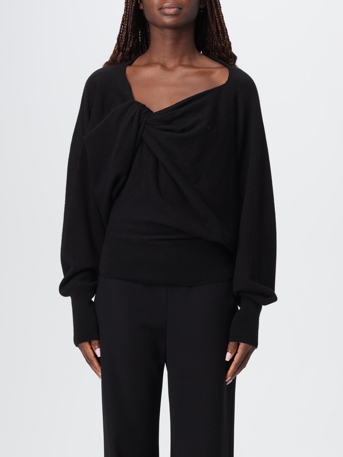 Alberta Ferretti Asymmetrical Top With Draped Satin Neckline And Virgin Wool Body In Black