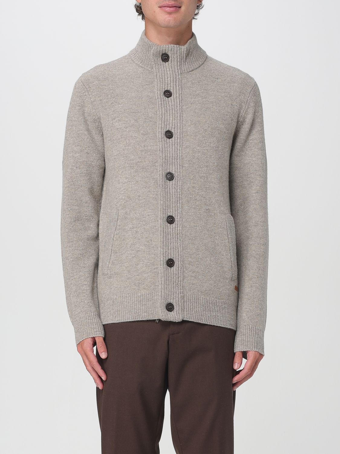 Barbour Fine Knit Wool Zip-through Sweater With High Neck And Button Closure In Gray