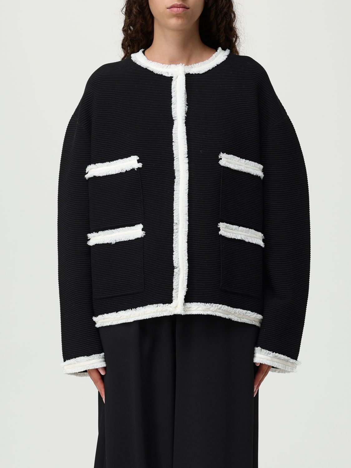 Emporio Armani Ottoman Stitch Knit Jacket With Fringe Hems In Black