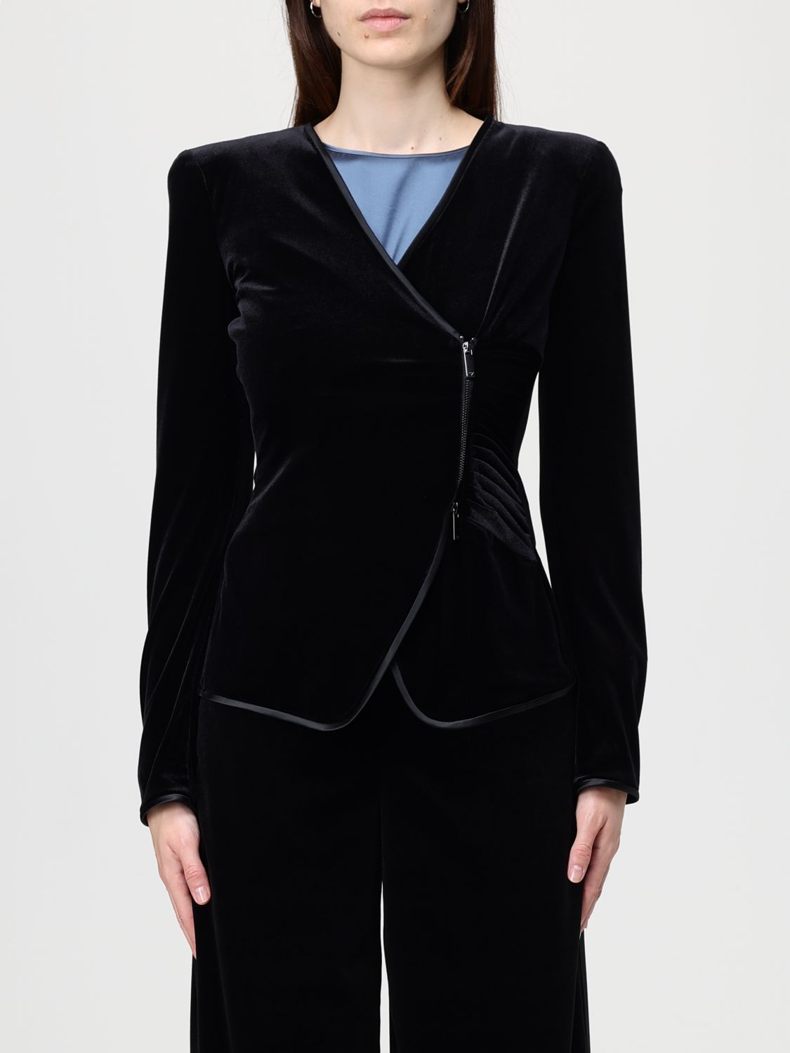 Emporio Armani Asymmetric Velvet Long Sleeve Blazer In Black