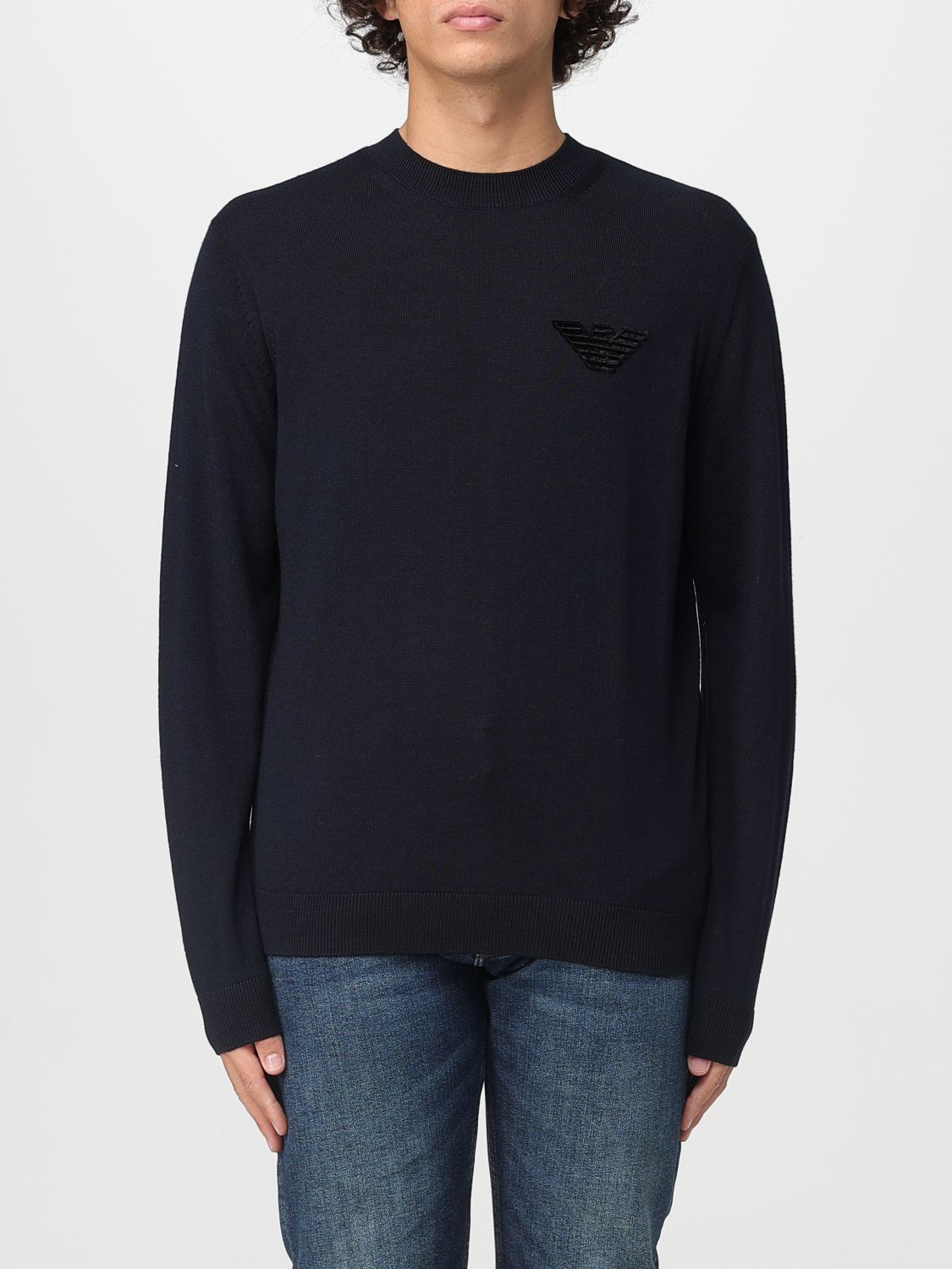 Emporio Armani Dark Blue Sweater With Logo Embroidery In Wool And Cotton Man In Blue