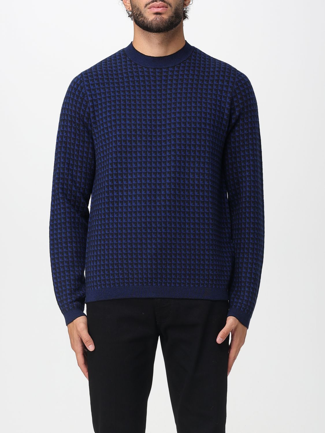 Emporio Armani Eagles Motif Jacquard Wool Sweater In Blue