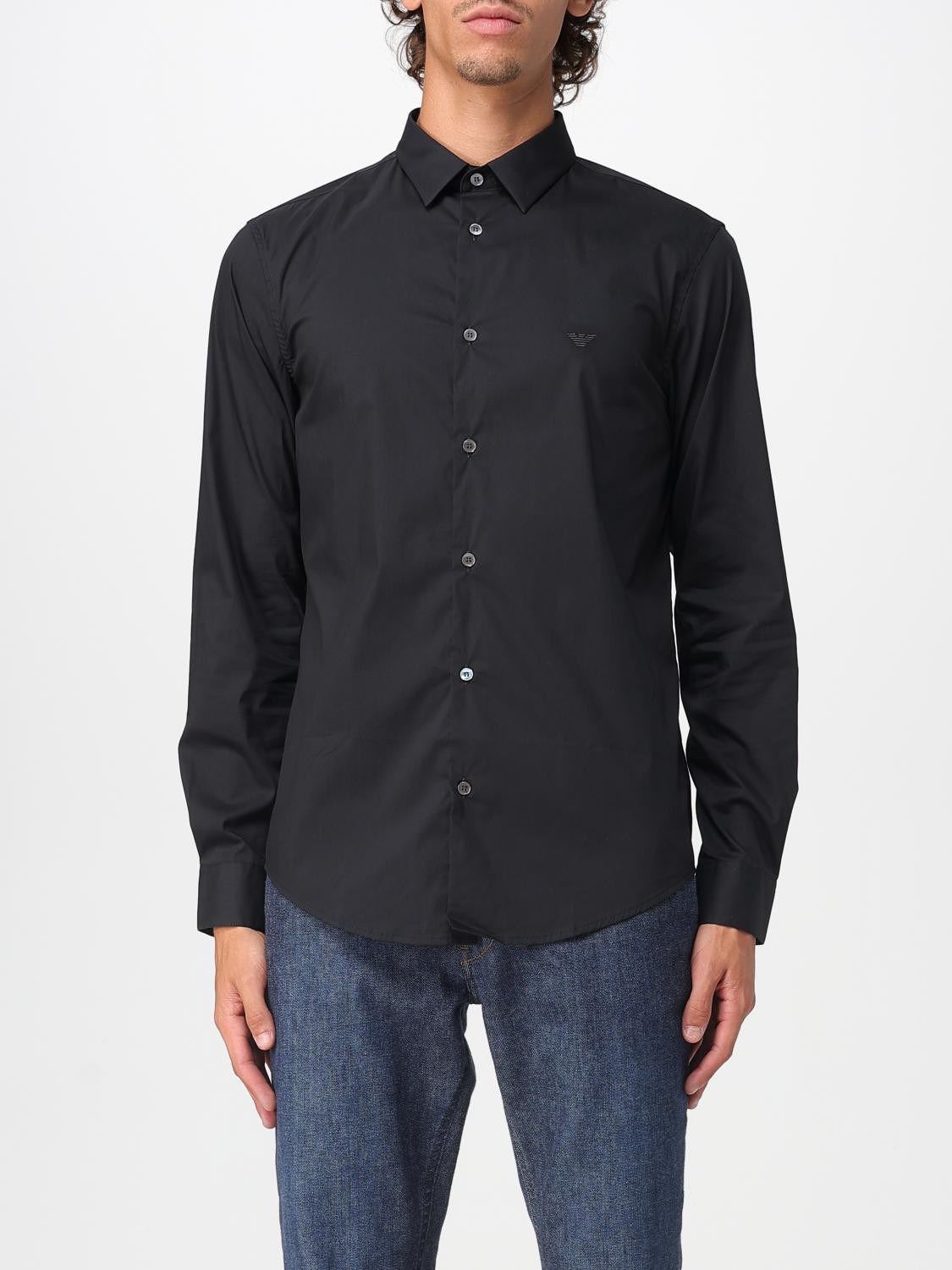 Emporio Armani Cotton Shirt With Button-down Collar And Curved Hem In Blue