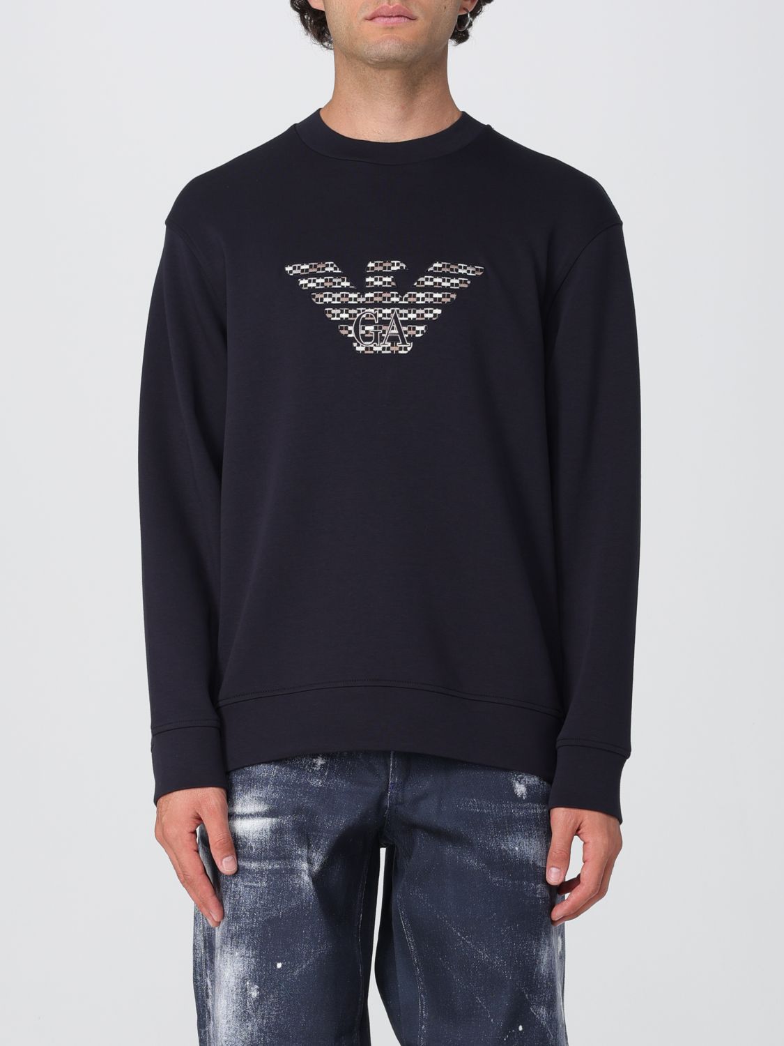 Emporio Armani Felpa Con Maxi Ricamo In Double Jersey Blu In Black
