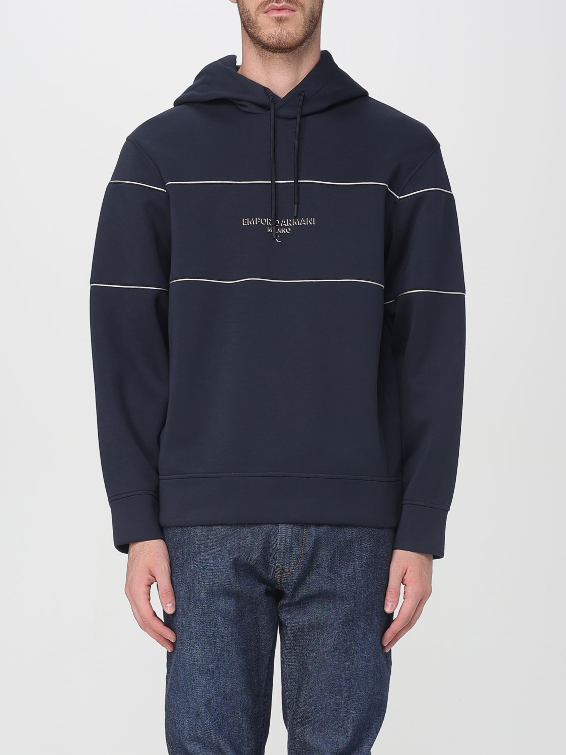 Emporio Armani Double-jersey Hooded Sweatshirt With 3d-effect Logo In Blue