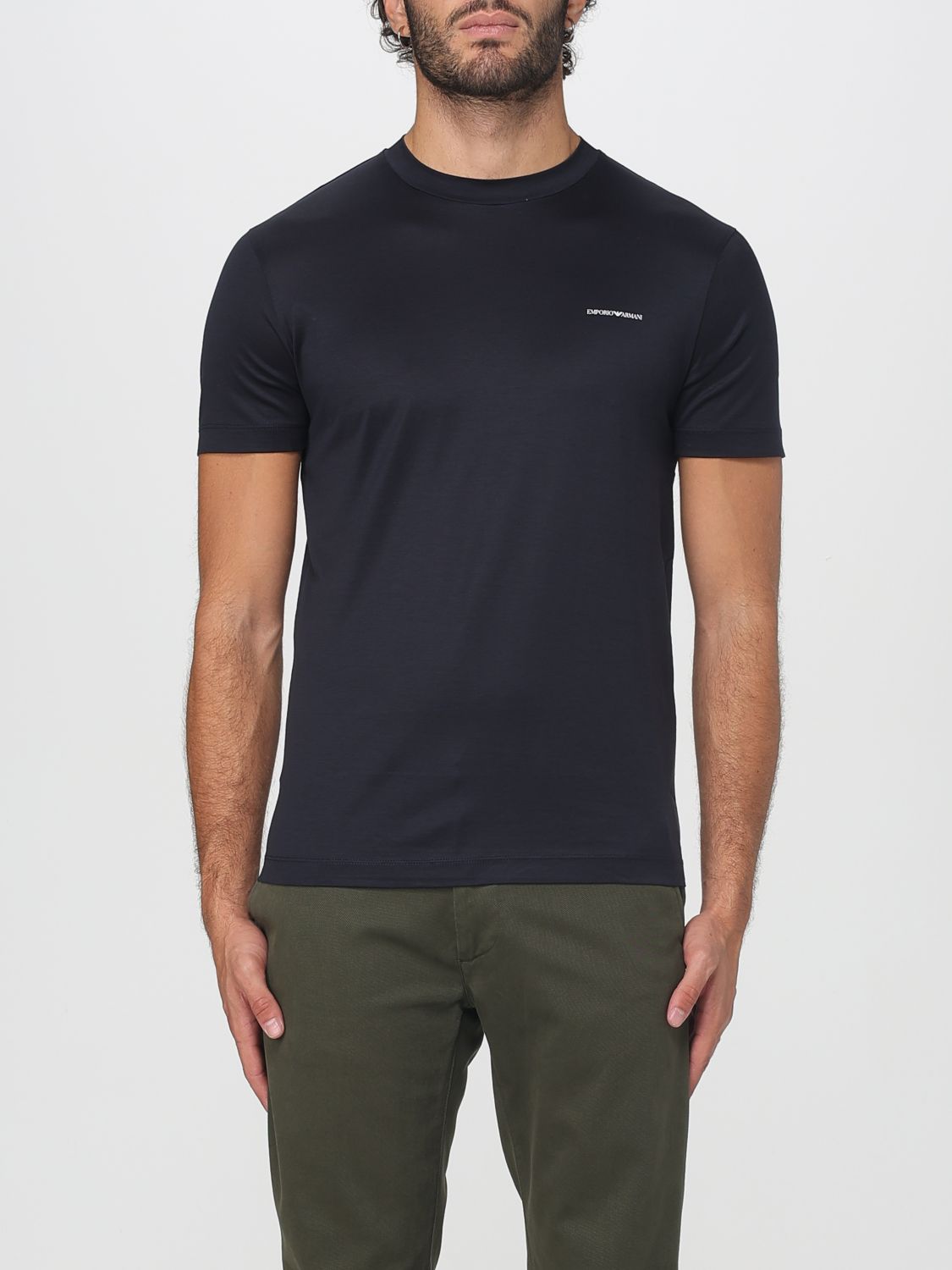 Emporio Armani Blue T-shirt With Logo Lettering On The Front In Cotton And Lyocell Blend Man In Blue