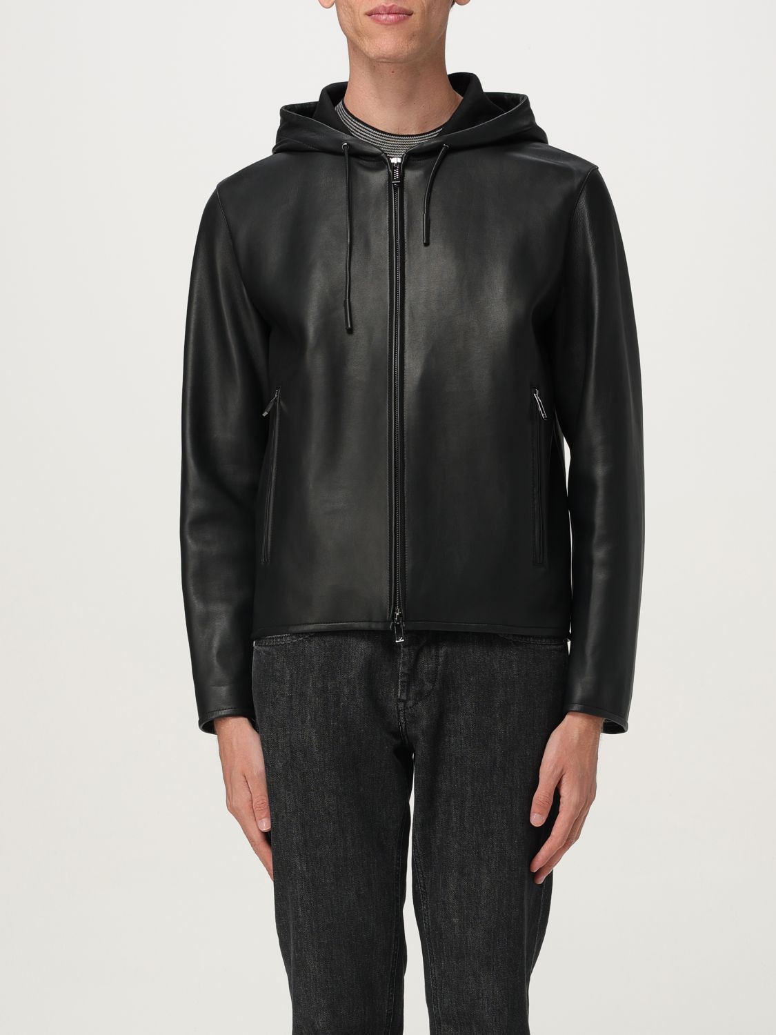 Emporio Armani Lambskin Hooded Jacket Drawstring In Black