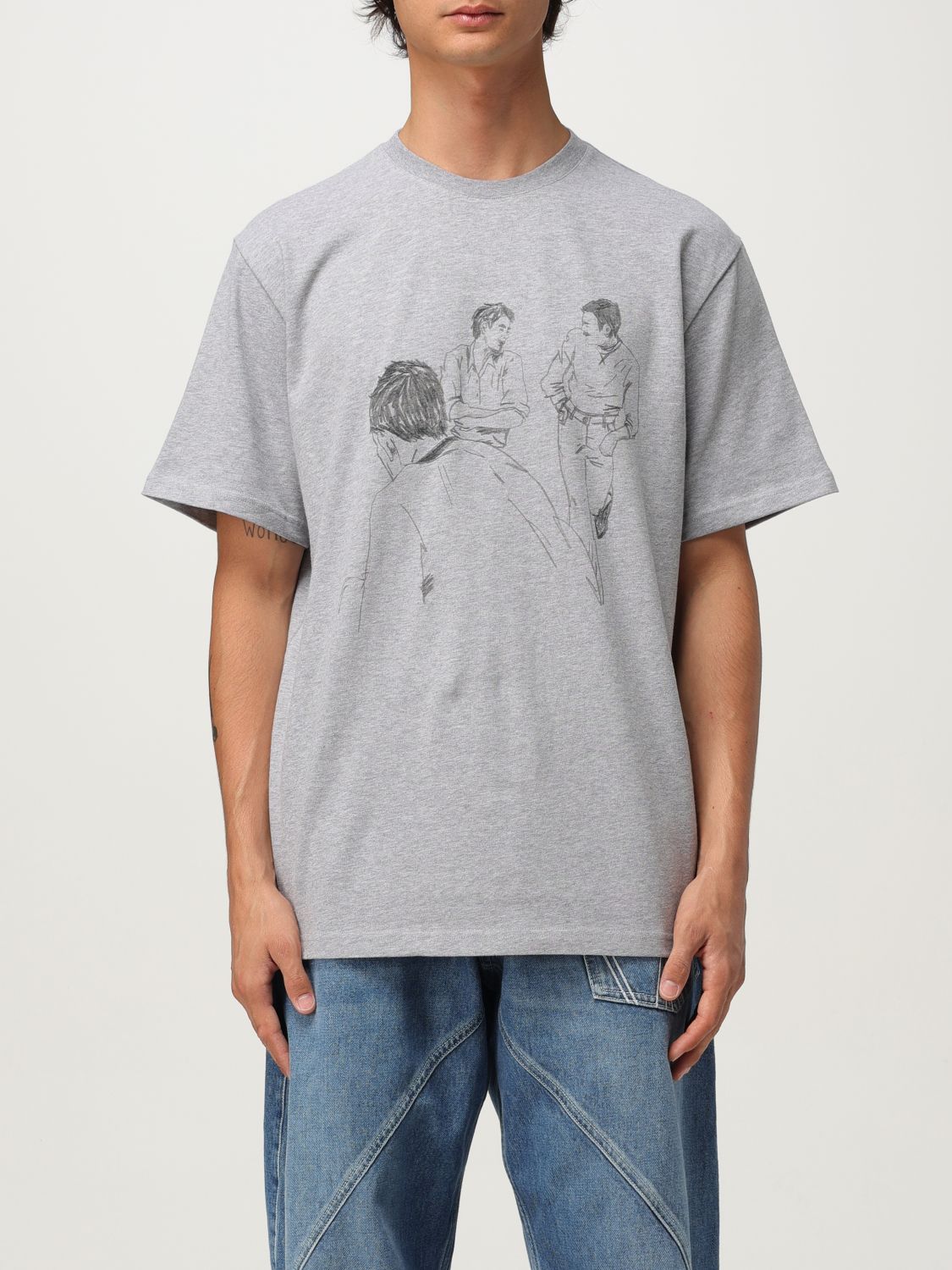 Jw Anderson Mens Mid Grey Melange Cafe Scene Crewneck Cotton-jersey T-shirt In Gray