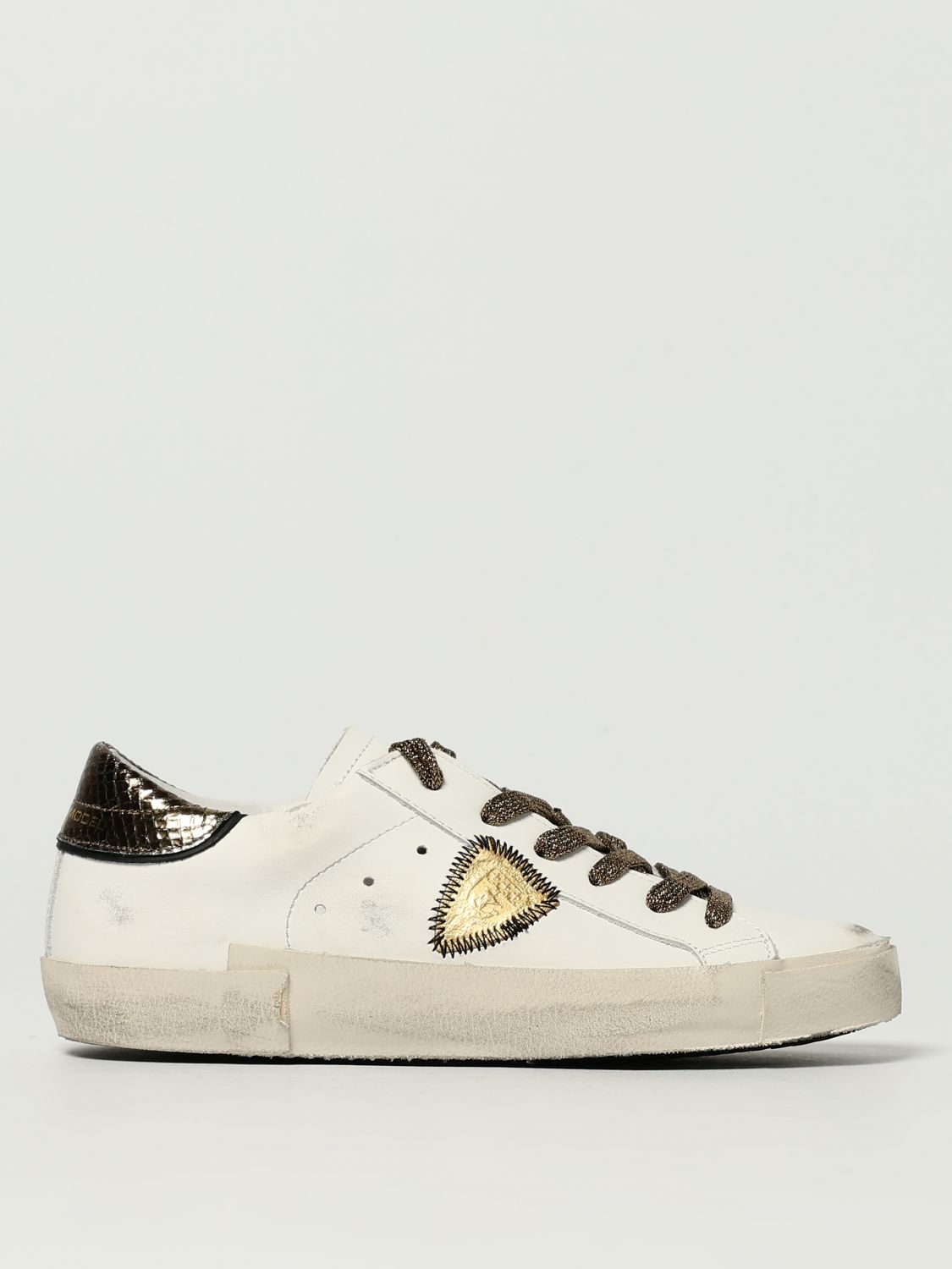 Philippe Model Low Top Leather Sneakers With Metallic Heel In White