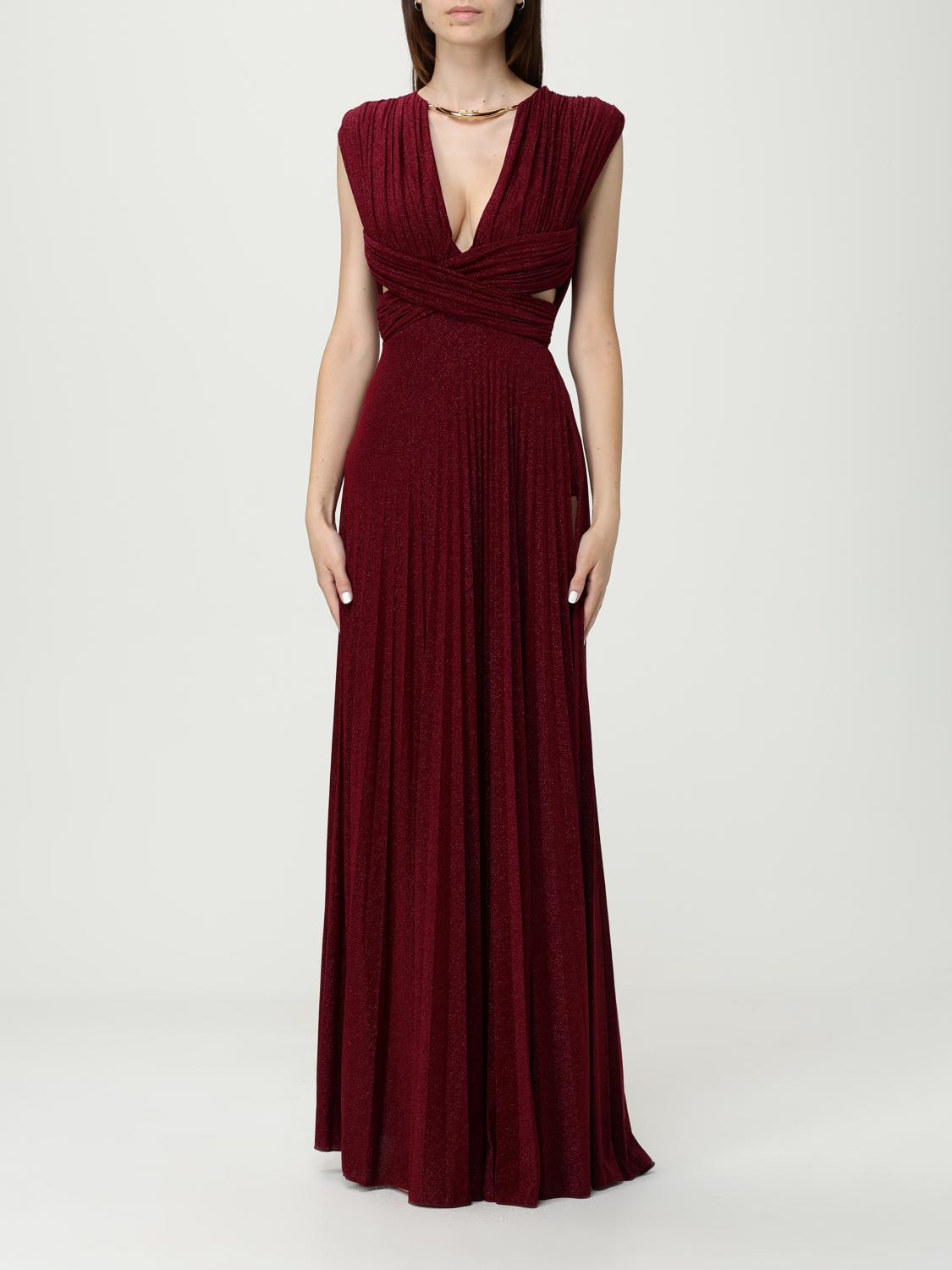 Elisabetta Franchi Burgundy Evening Dress With Deep V-neckbodice In Brown