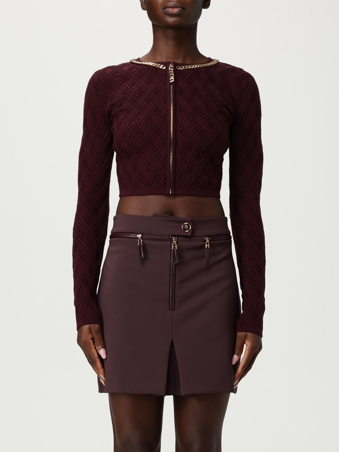 Elisabetta Franchi Cardigan In Maglia A Rombi Con Dettaglio Gioiello Bordeaux In Burgundy