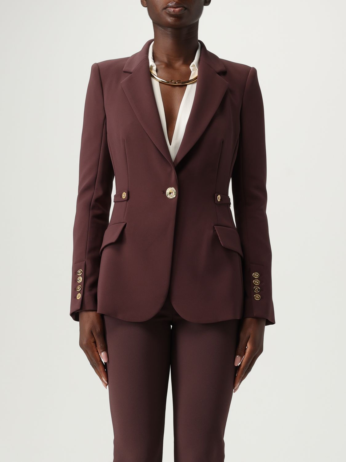 Elisabetta Franchi Burgundy Tailored Blazer With Gold Buttons And Peak Lapels In Brown