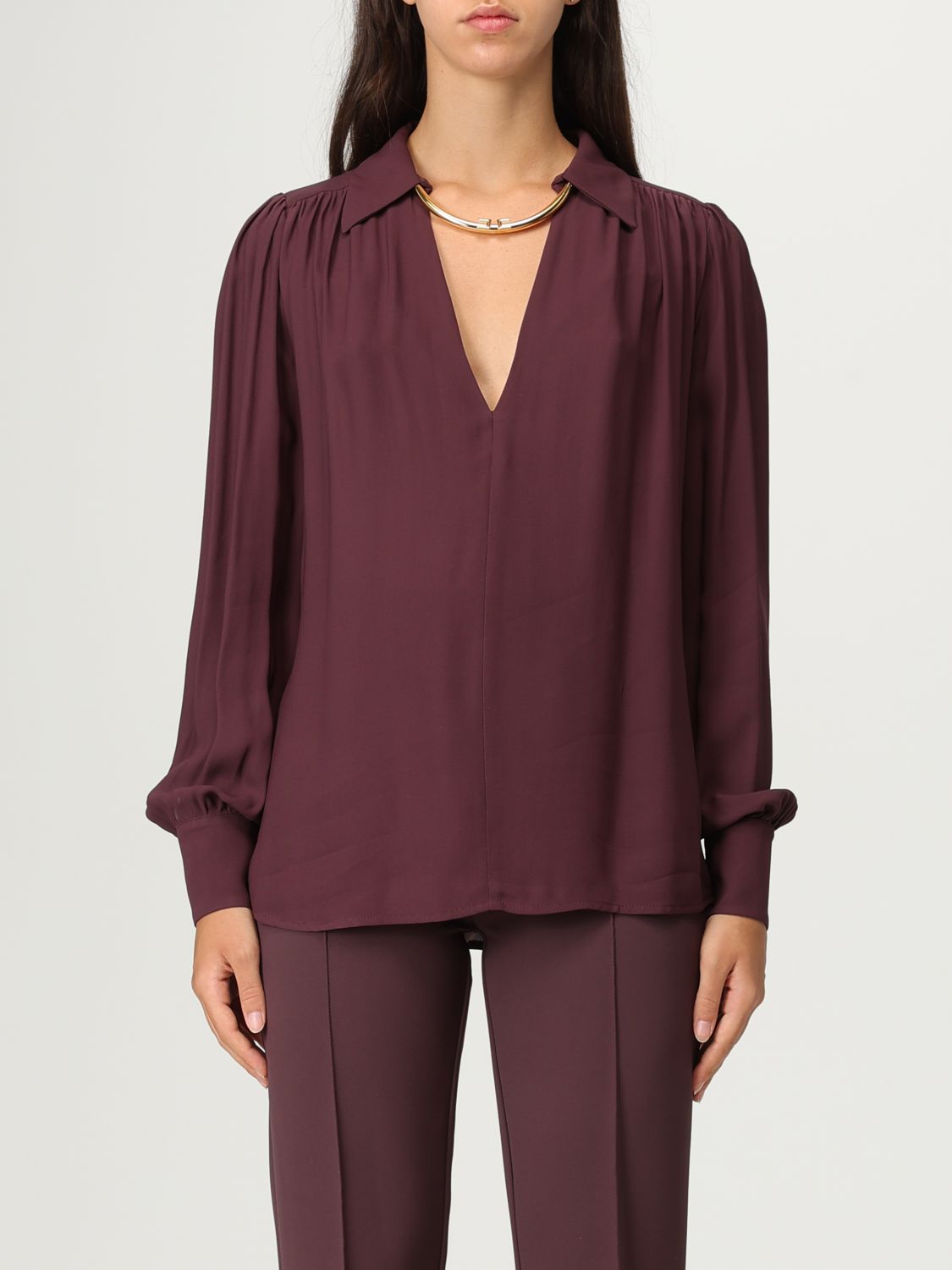 Elisabetta Franchi Logo Metal Detail Collar Shirt In Burgundy
